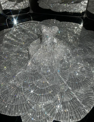Silver Sequin Petal Shiny Ball Gown Strapless Tulle Long Sweep Prom Dress Evening Dress Party Dress HZ1023
